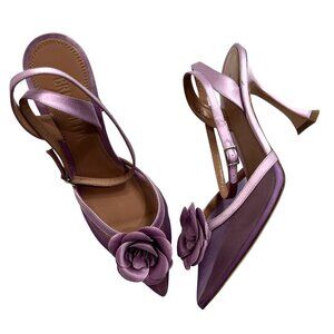 Britt Netta Coco Flower-Embellished Satin Pumps in Purple